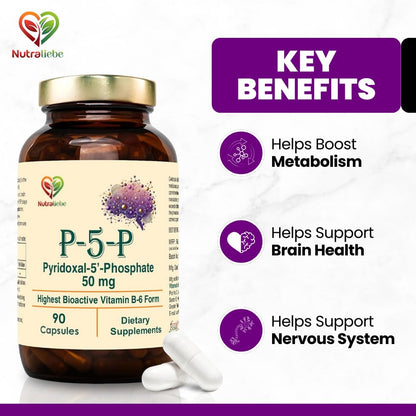 Nutraliebe P5P (Pyridoxal 5’- Phosphate) – Active Vitamin B6 for Energy, Brain Function, and Nervous System Support – 90 Capsules