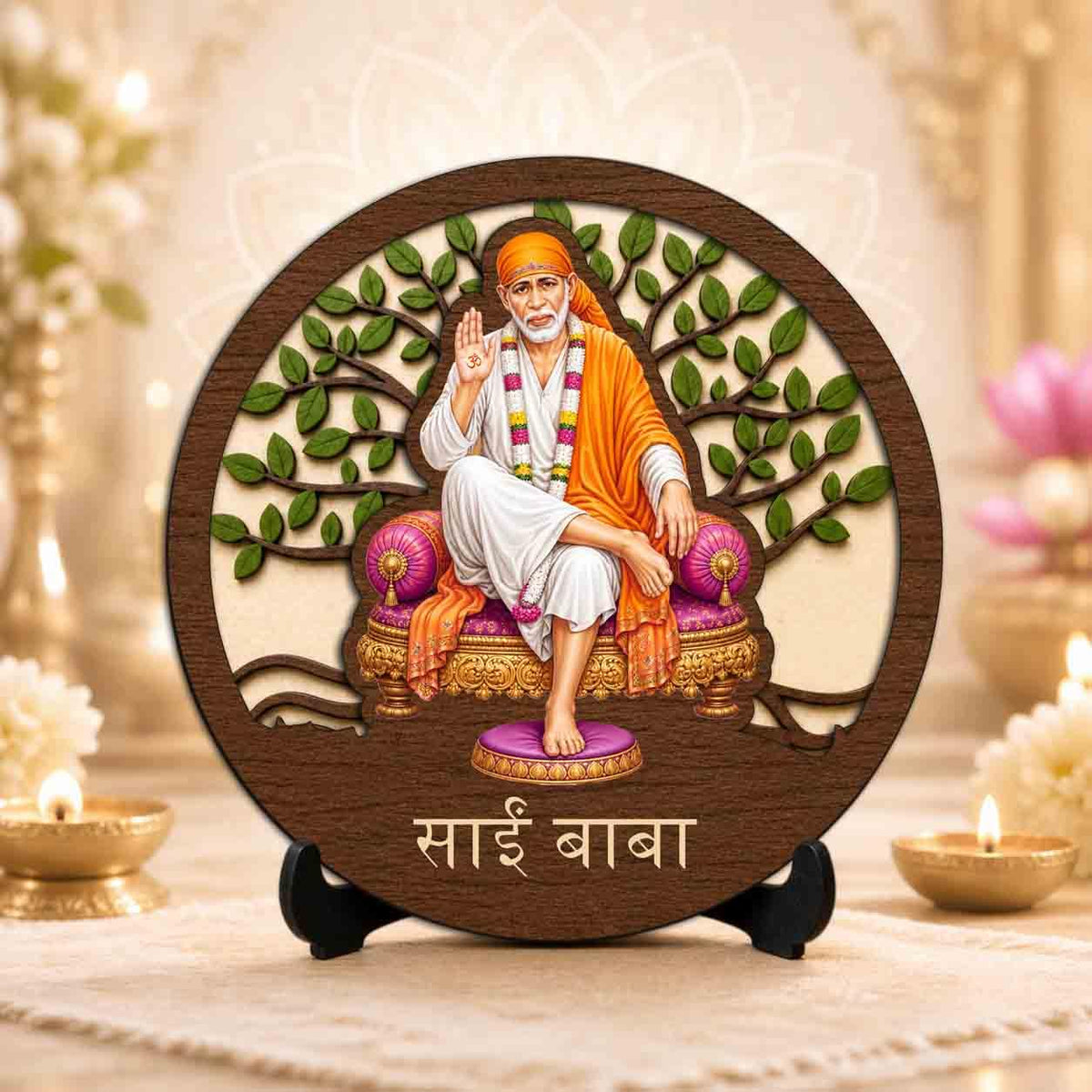 Plan To Gift Sai Baba Premium Wooden God Idol for Indoor Temple, Living Room Shelf, Work Desk & Puja Decor - 5x5 Inch