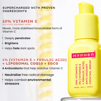 Yellow serum bottle with text detailing ingredients and benefits on a white background