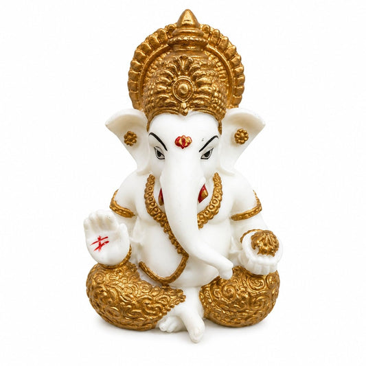 White & Gold Ganesha Idol for Home Decor, Ganpati Bappa Murti for Puja Room, Lord Ganesh Statue for Car Dashboard & Office Desk, Decorative Hindu God Showpiece, 3.3 Inch