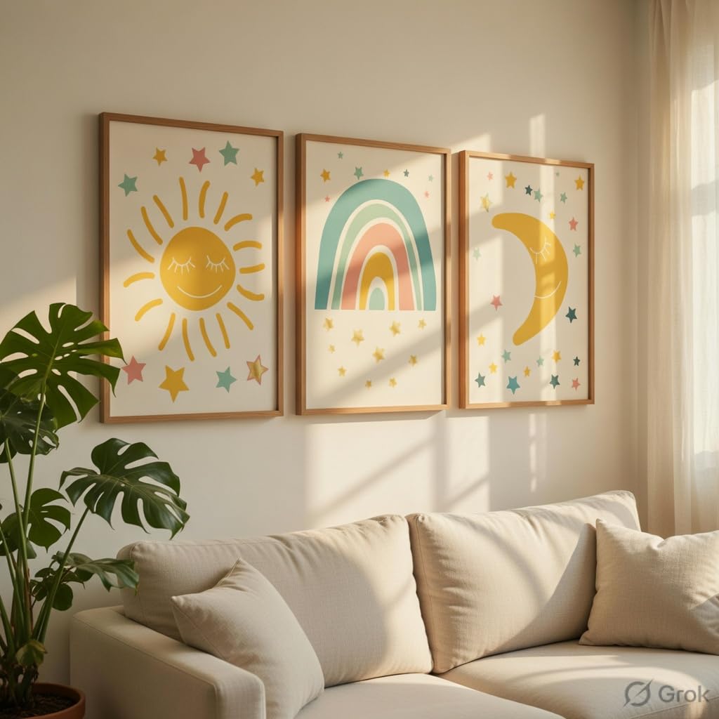 Kids Nursery Wall Painting Set of 3 with Wooden Frames | Sun Rainbow Moon Kids Room Wall Art | HD Sparkle Printed MDF Cartoon Wall Decor for Baby Room, Nursery, Playroom & Bedroom