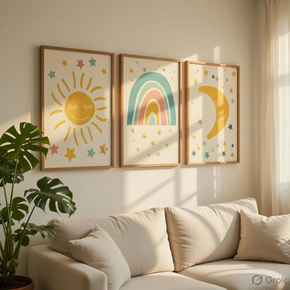 Kids Nursery Wall Painting Set of 3 with Wooden Frames | Sun Rainbow Moon Kids Room Wall Art | HD Sparkle Printed MDF Cartoon Wall Decor for Baby Room, Nursery, Playroom & Bedroom