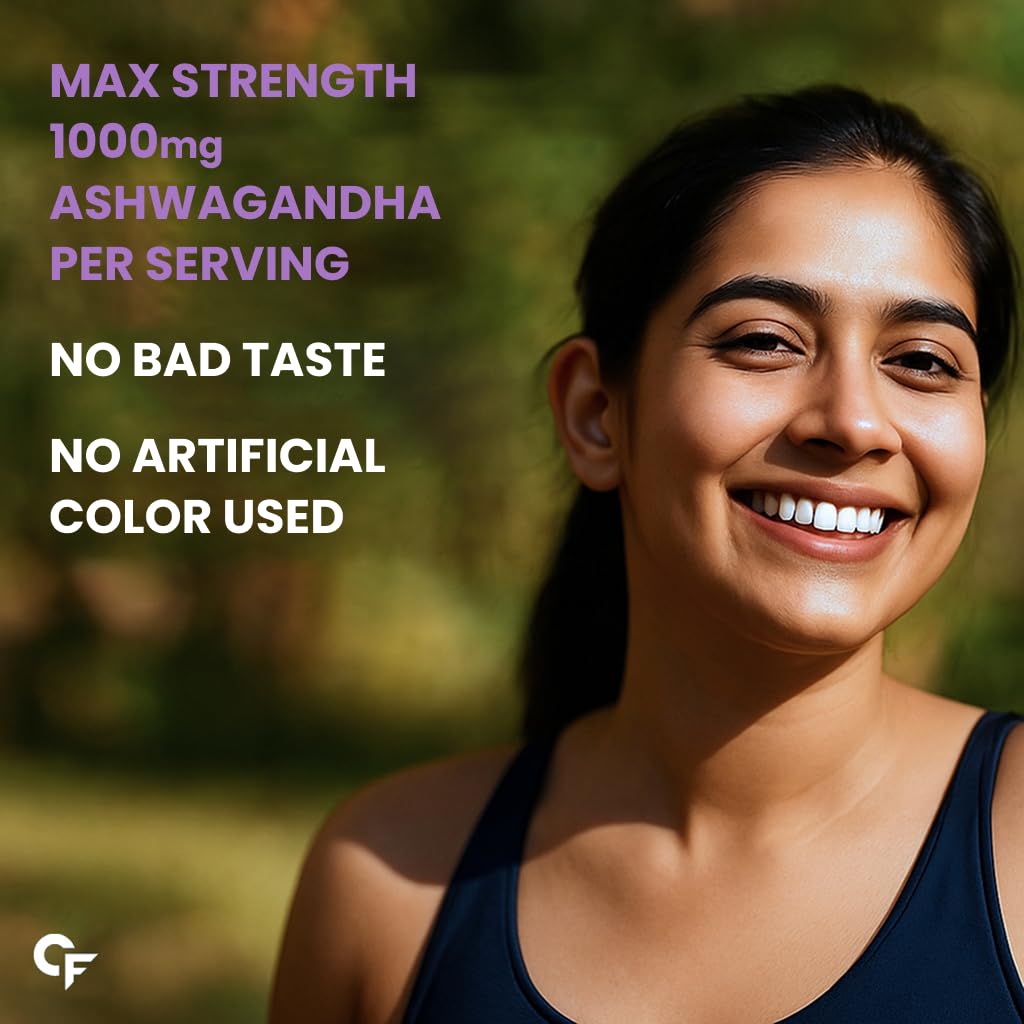 Woman outdoors with text about Max Strength Ashwagandha supplement