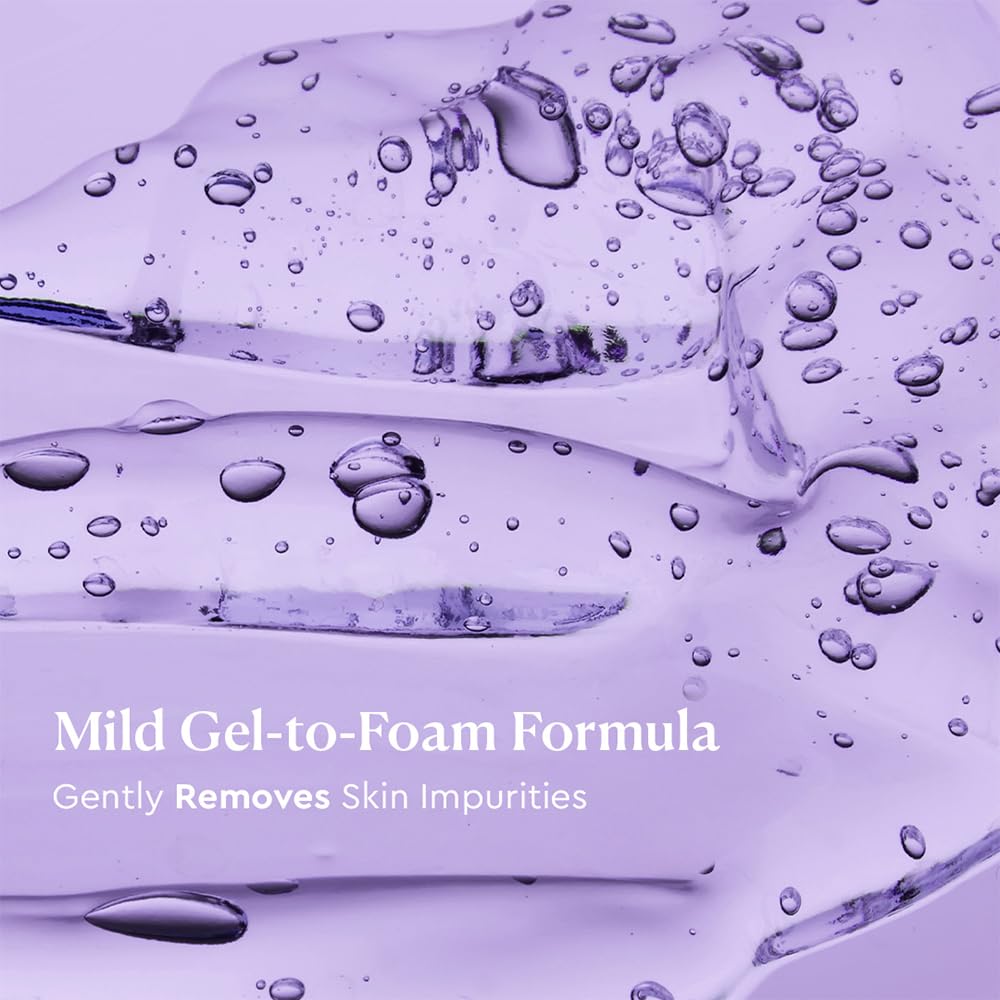 Purple gel-to-foam formula with bubbles and text on a purple background