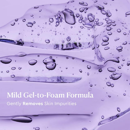 Purple gel-to-foam formula with bubbles and text on a purple background