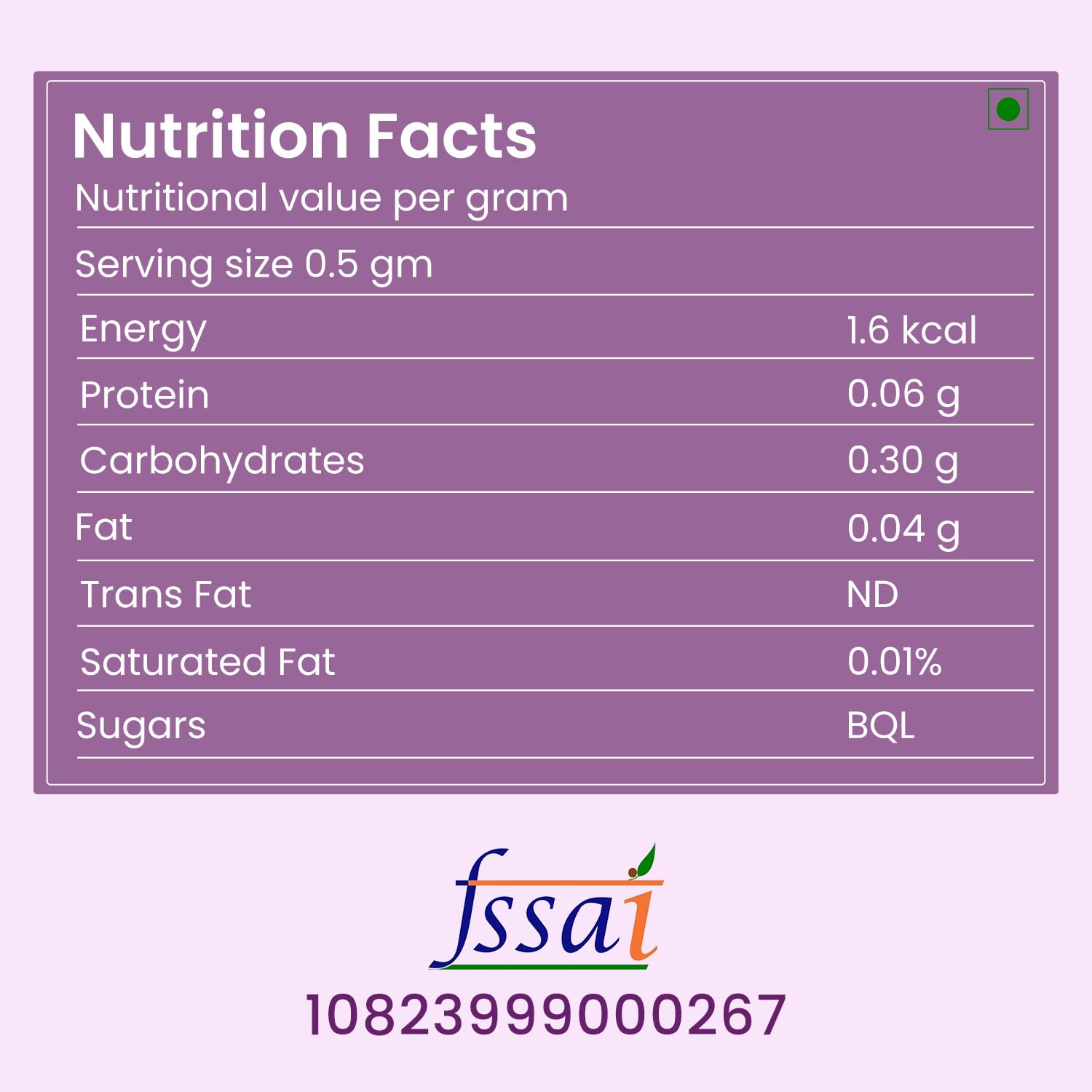 Nutrition facts label with FSSAI logo and certification number on a purple background