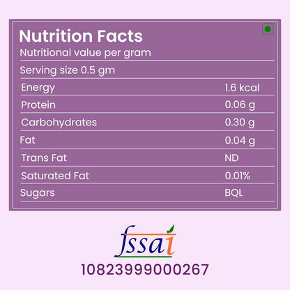 Nutrition facts label with FSSAI logo and certification number on a purple background