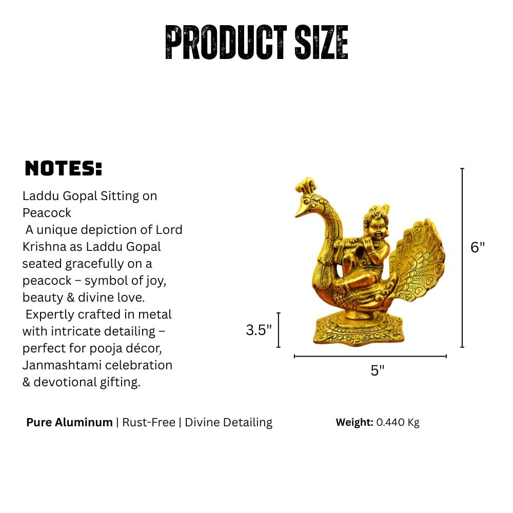 Gold Plated Bal Krishna Idol on Peacock Bansuri Playing Metal Statue for Janmashtami, Home Mandir, Spiritual Decor & Gifting