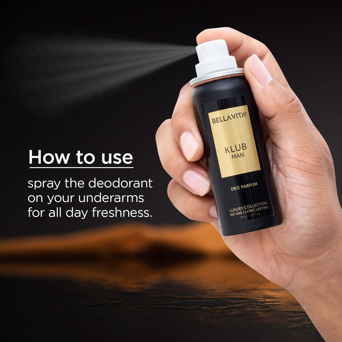 Hand holding a Bellavita Klub Man deodorant spray with text on how to use it.
