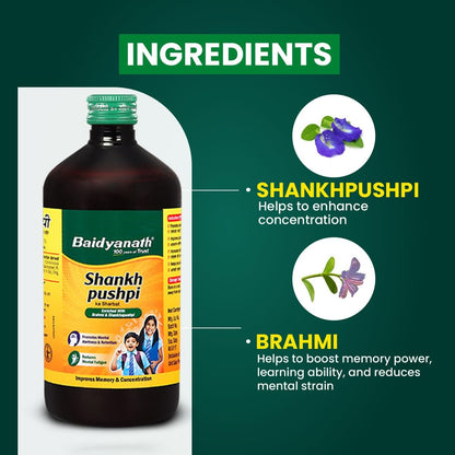 Baidyanath Ayurved Shankhpushpi Syrup 450ml | Memory Booster & Concentration Support | Brahmi Shankhpushpi Formula | Brain Tonic for Kids & Adults | Natural Botanical Ingredients