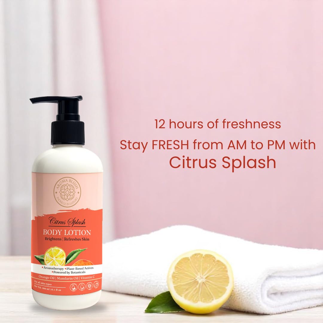 Body lotion bottle with lemon slices and a towel on a light background