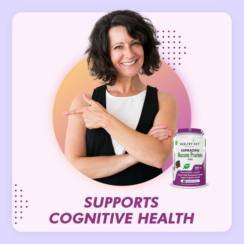 Woman pointing to a supplement bottle with text 'Supports Cognitive Health' on a colorful background