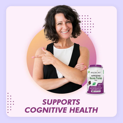 Woman pointing to a supplement bottle with text 'Supports Cognitive Health' on a colorful background