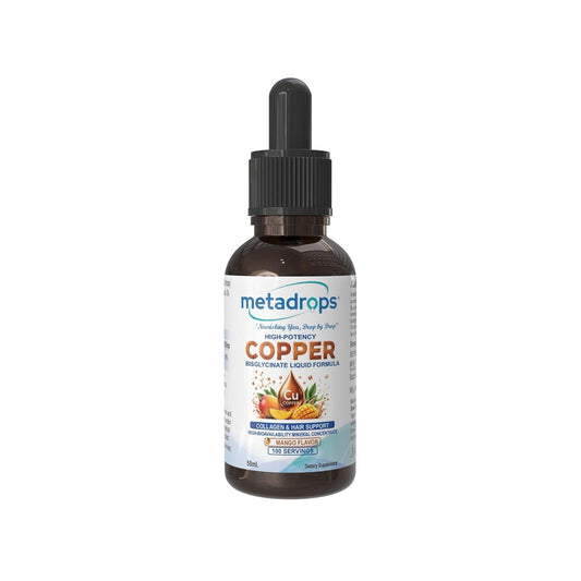 METADROPS Ionic Copper Bisglycinate Drops 1.7mg – 50ml (100+ Servings) | High-Absorption Chelated Liquid Copper for Collagen, Skin & Hair Support | 100% Vegan, Mango Flavor, Non-GMO