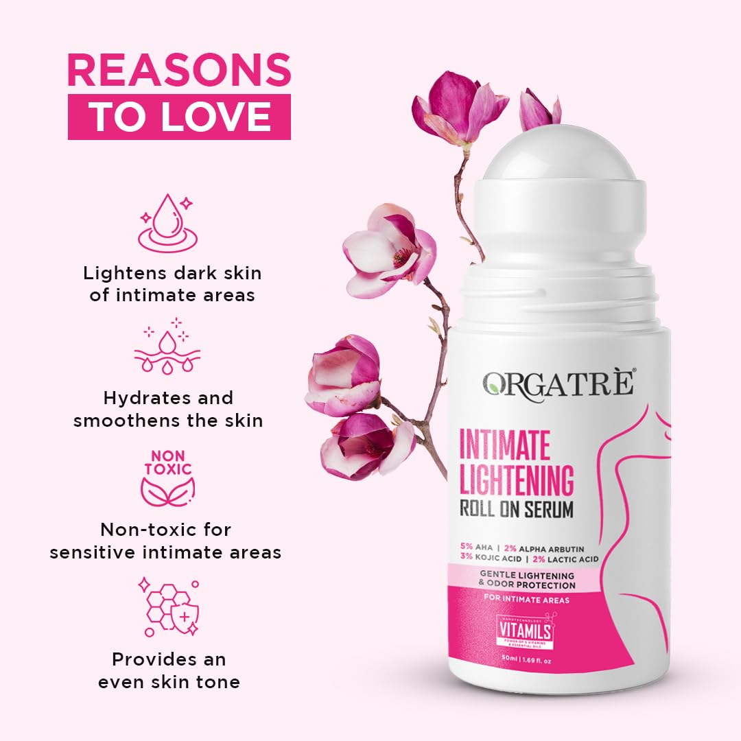 Orgatre intimate lightening roll-on serum with floral elements on a white background