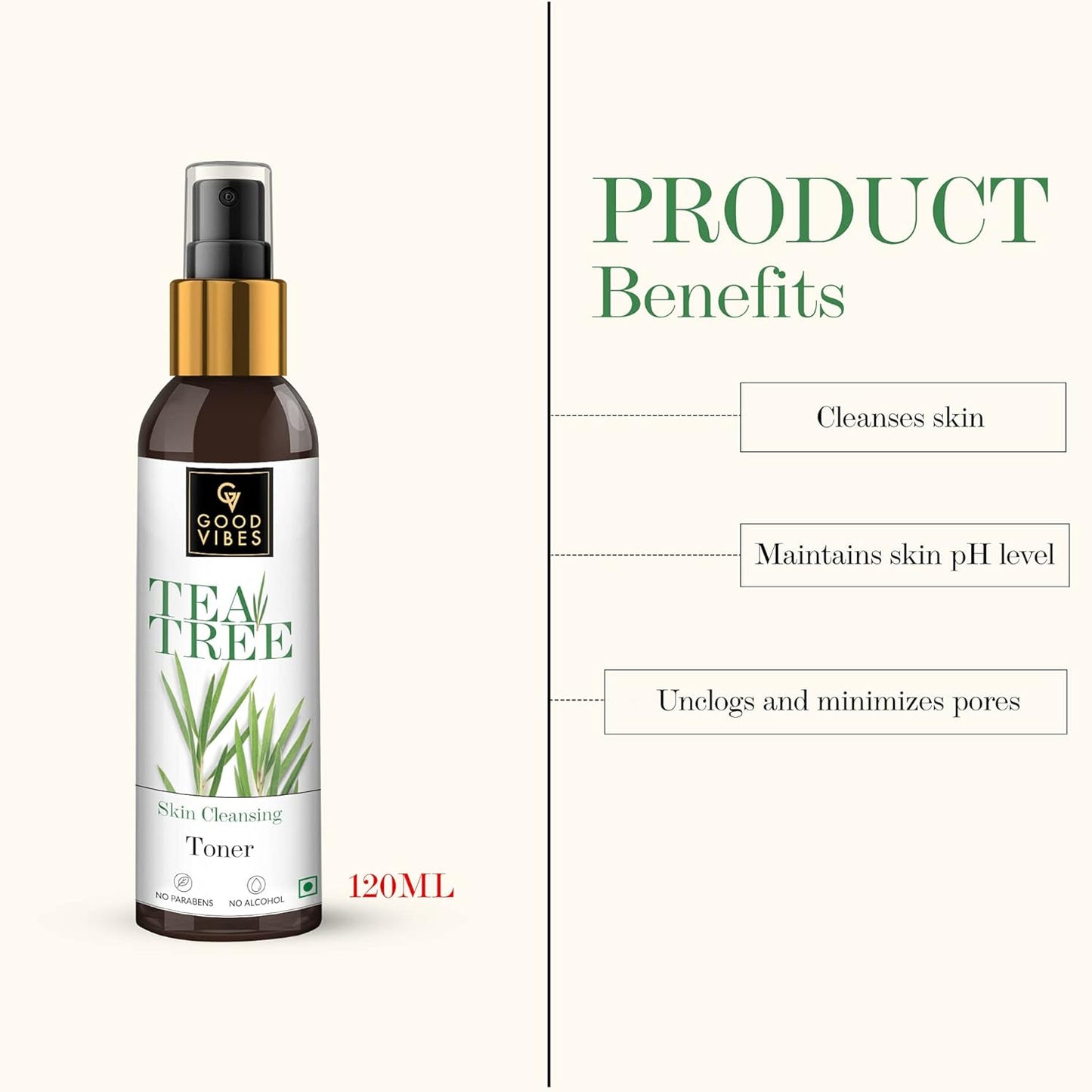 Good Vibes Tea Tree Skin Cleansing Toner 120 ml, Hydrating Light Weight Anti Acne Moisturizing Face Toner for All Skin Types, Natural, No Alcohol, Parabens & Sulphates, No Animal Testing