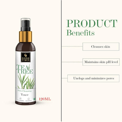 Good Vibes Tea Tree Skin Cleansing Toner 120 ml, Hydrating Light Weight Anti Acne Moisturizing Face Toner for All Skin Types, Natural, No Alcohol, Parabens & Sulphates, No Animal Testing