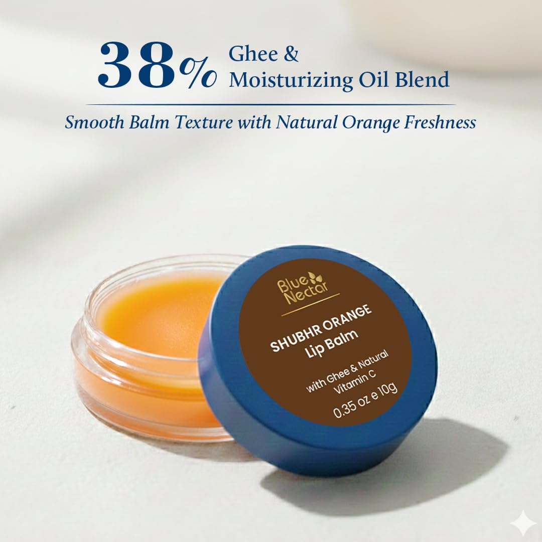 Blue Nectar Shubhr Orange Lip Balm & Gloss with Ghee And Natural Vitamin C for Dry Chapped Lips|100% Ayurvedic|Paraben & Sulphate Free| (10g, 10 Herbs)