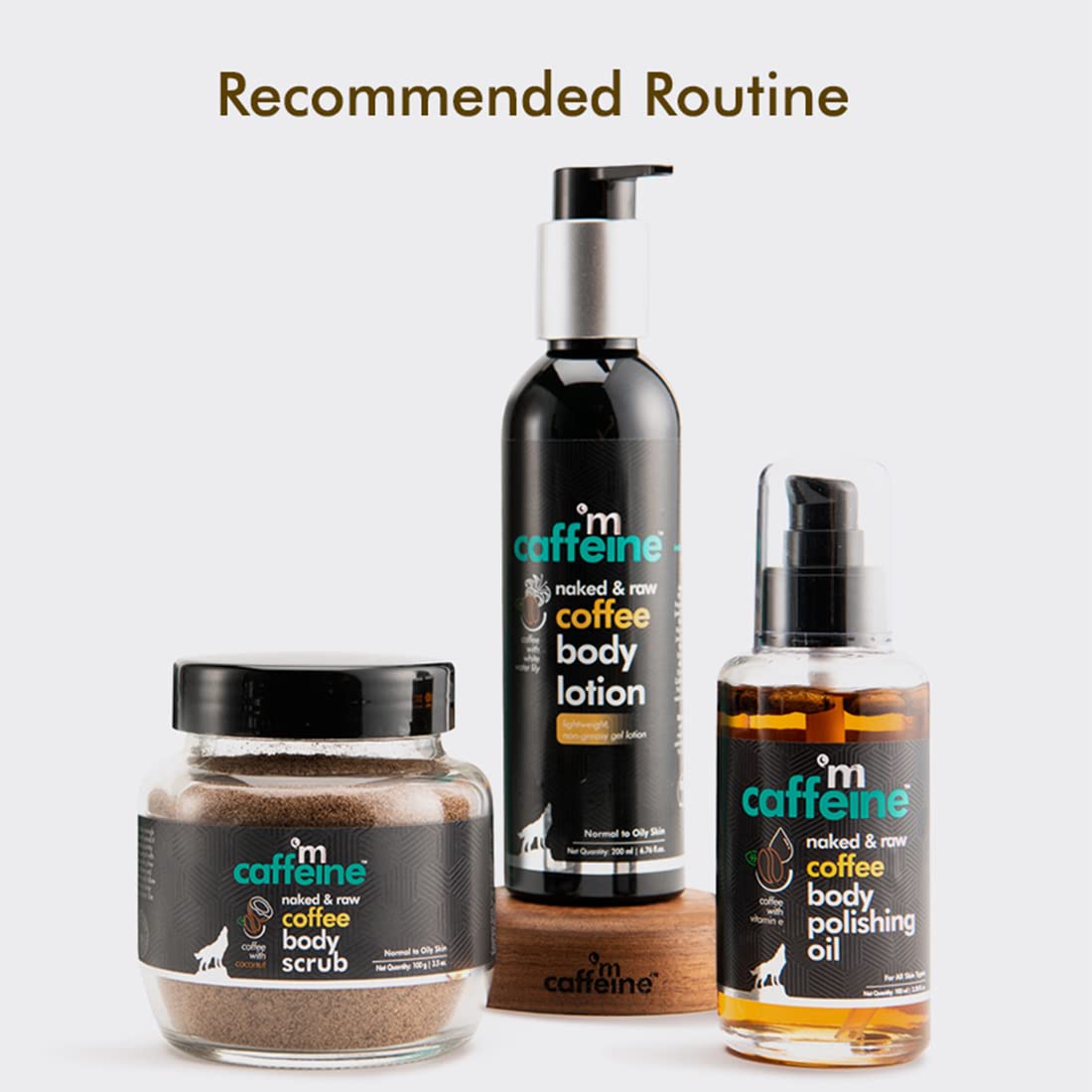 Three 'm caffeine' products including a jar, lotion, and oil on a white background with text 'Recommended Routine'.