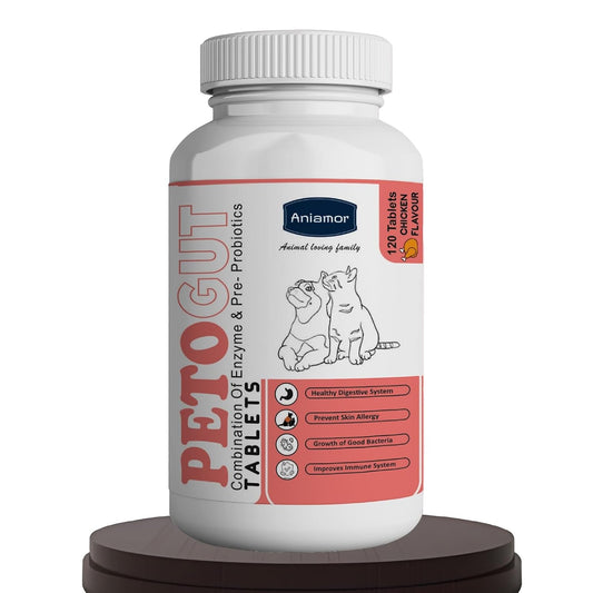 Aniamor Petogut Tablets for Dogs and Cats | Helps in Digestion and Enhance Immunity | Dogs and Cats Supplement | Chicken Flavour | for All Life Stages | 60 Tablets