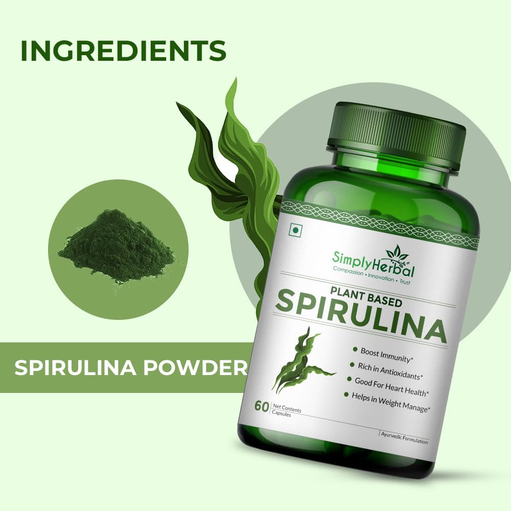 Simply Herbal Spirulina Capsules for Immunity | Natural Super Food and Nutritional Supplement | Green Food for Good Health Weight Management and Immunity Booster – 60 Capsules