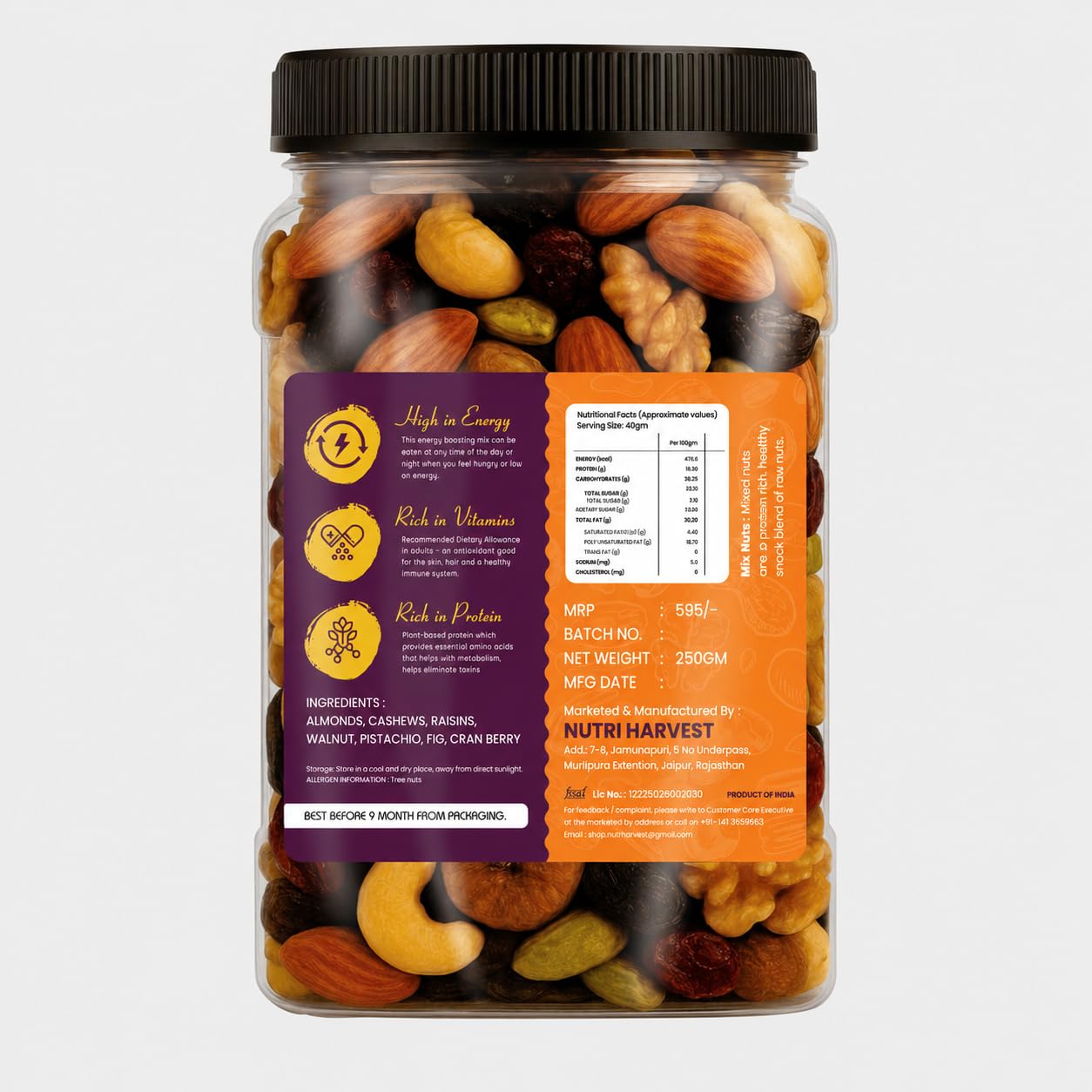 NUTRI HARVEST Premium Mixed Nuts and Dried Fruits 250g,| Almonds, Cashews, Walnuts, Pistachios, Figs, Raisins, Cran berry| Fit for fasting| Resealable jar for freshness