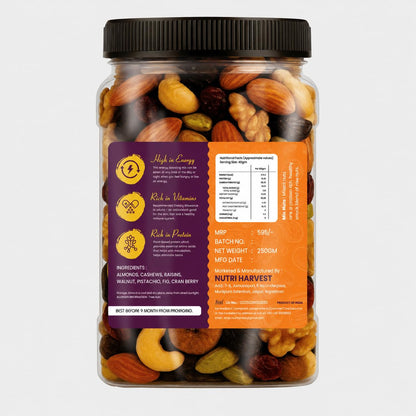 NUTRI HARVEST Premium Mixed Nuts and Dried Fruits 250g,| Almonds, Cashews, Walnuts, Pistachios, Figs, Raisins, Cran berry| Fit for fasting| Resealable jar for freshness