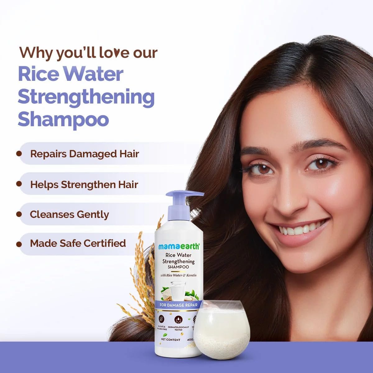 Mamaearth Rice Water Strengthening Shampoo with with Rice Water & Keratin for Damage Repair- 400 ml | Hair Strengthening | Hair Fall Reduction