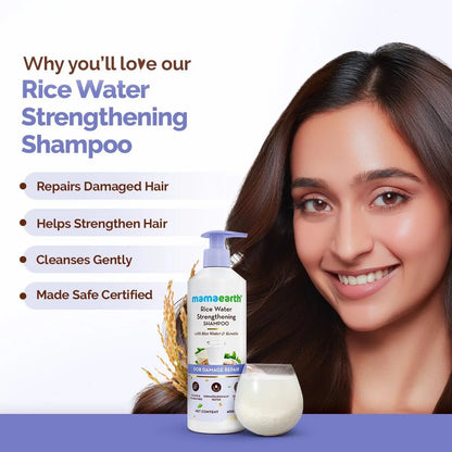 Mamaearth Rice Water Strengthening Shampoo with with Rice Water & Keratin for Damage Repair- 400 ml | Hair Strengthening | Hair Fall Reduction