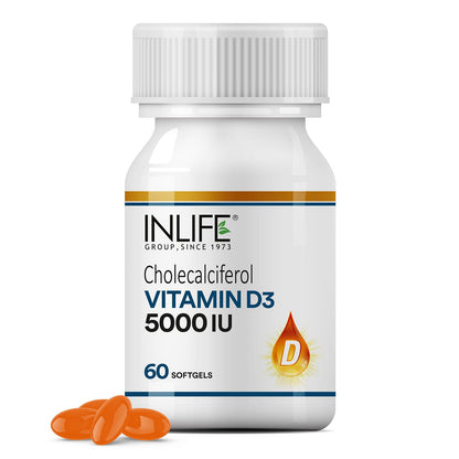 INLIFE Vitamin D3 5000 IU Cholecalciferol with Coconut Oil Supplement for Better Absorption, For Men & Women, Immunity, Bone Health, Muscles - 60 Softgels