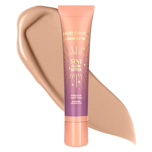FACES CANADA Strobe CC Tint Mini - Sunset Glaze 02, 18ml | 5-in-1 Serum + Moisturizer + Primer + BB/CC Cream + Strobe Cream | Lightweight | Radiant Dewy Glass Skin Glow | Niacinamide & Hyaluronic Acid | For Light to Medium Skin