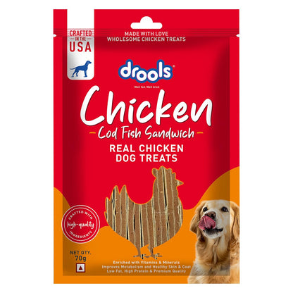 Drools Cod Fish Sandwich Dog Treat, 70 g | Made with Real Chicken & Cod Fish | High Protein Training Treat | for Puppy & Adult Dogs