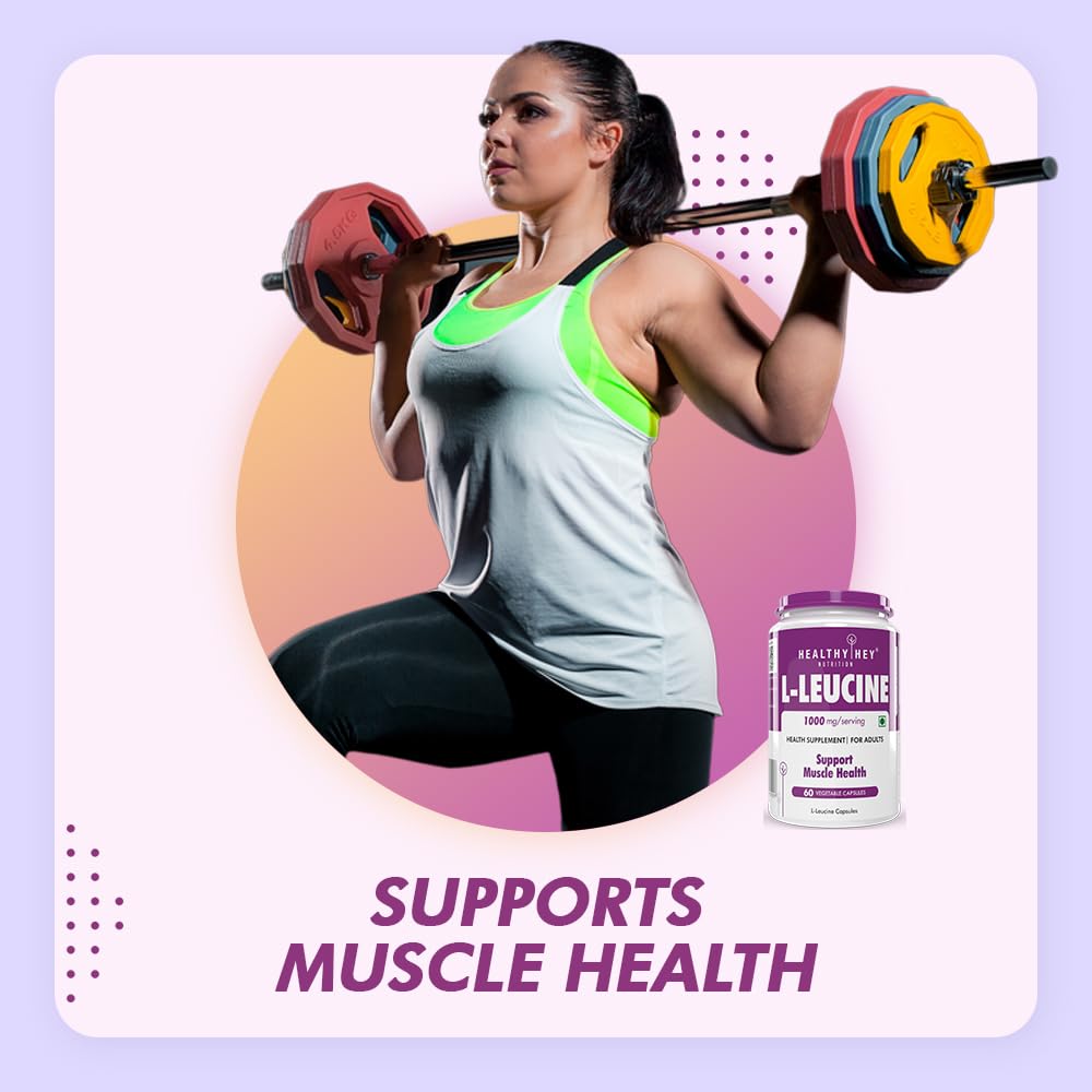 Woman lifting weights with a supplement bottle labeled 'L-Leucine' on a colorful background