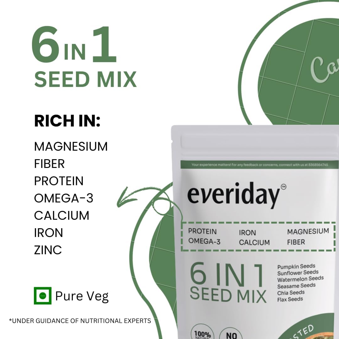 Everiday Simply Roasted 6-in-1 Super Seed Mix | 250g | Pumpkin, Sunflower, Watermelon, Sesame, Chia & Flax | Healthy Crunchy Snack for Daily Nutrition | High Protein, Fibre & Omega-3 | Vegan & Gluten-Free