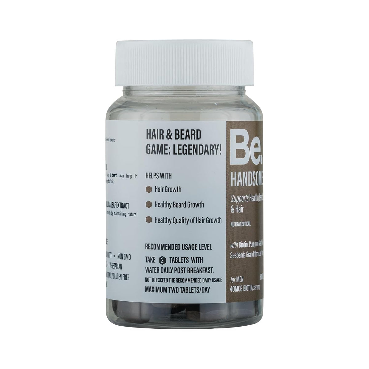 Be. Handsome Hair & Beard Growth Supplement | Biotin, Pumpkin Seed Oil & Bamboo Shoot Extract | Stronger Hair, Beard Fullness & Reduced Hair Fall | Travel Pack | 20 Tablets