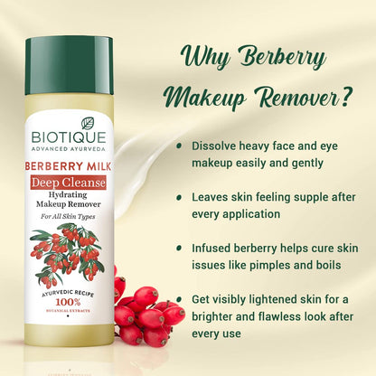 Biotique Berberry Milk Deep Cleanse Hydrating Makeup Remover with product and benefits listed.