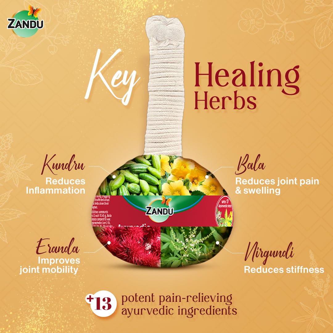 Zandu Ayurvedic Pain Relief Potli -180g |Manual Massager Potli | Alleviate Knee, Back, Neck & Leg Pain| Reduce Swelling | Improve Blood Flow with Pain Relief Potli | Blend of 17 Potent Ayurvedic Herbs