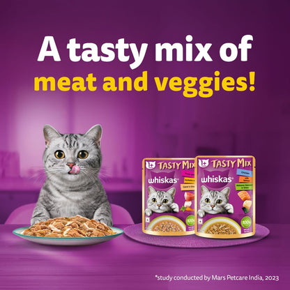 Whiskas Tasty Mix Adult (1+ Year) Wet Cat Food, Chicken with Salmon Wakame Seaweed in Gravy, 70 g, Cat Food Made with Real Fish, Complete & Balanced Nutrition for Adult Cats