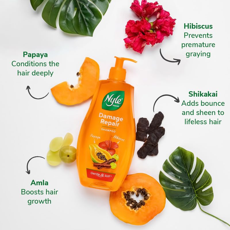 Nylo Damage Repair shampoo bottle with ingredients and benefits on a white background