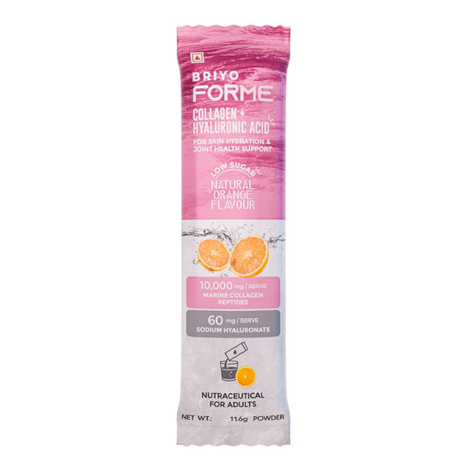 Pink package of Briyo Forme with orange flavor on a white background