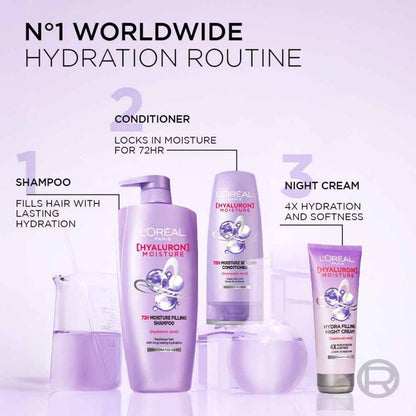L'Oreal Paris L Oral Moisture Filling Shampoo, With Hyaluronic Acid, For Dry & Dehydrated Hair, Adds Shine Bounce, Hyaluron 72H, 650Ml. | 650Ml