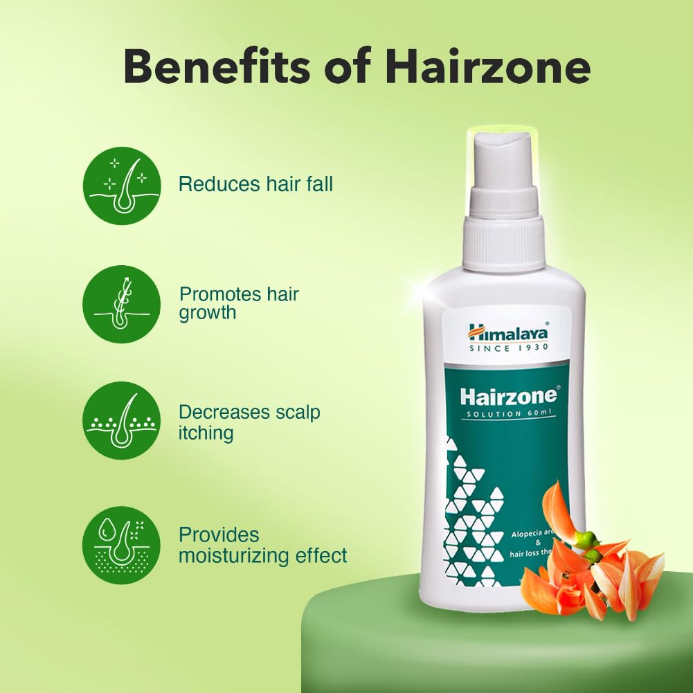 Hairzone solution bottle with benefits listed on a green background