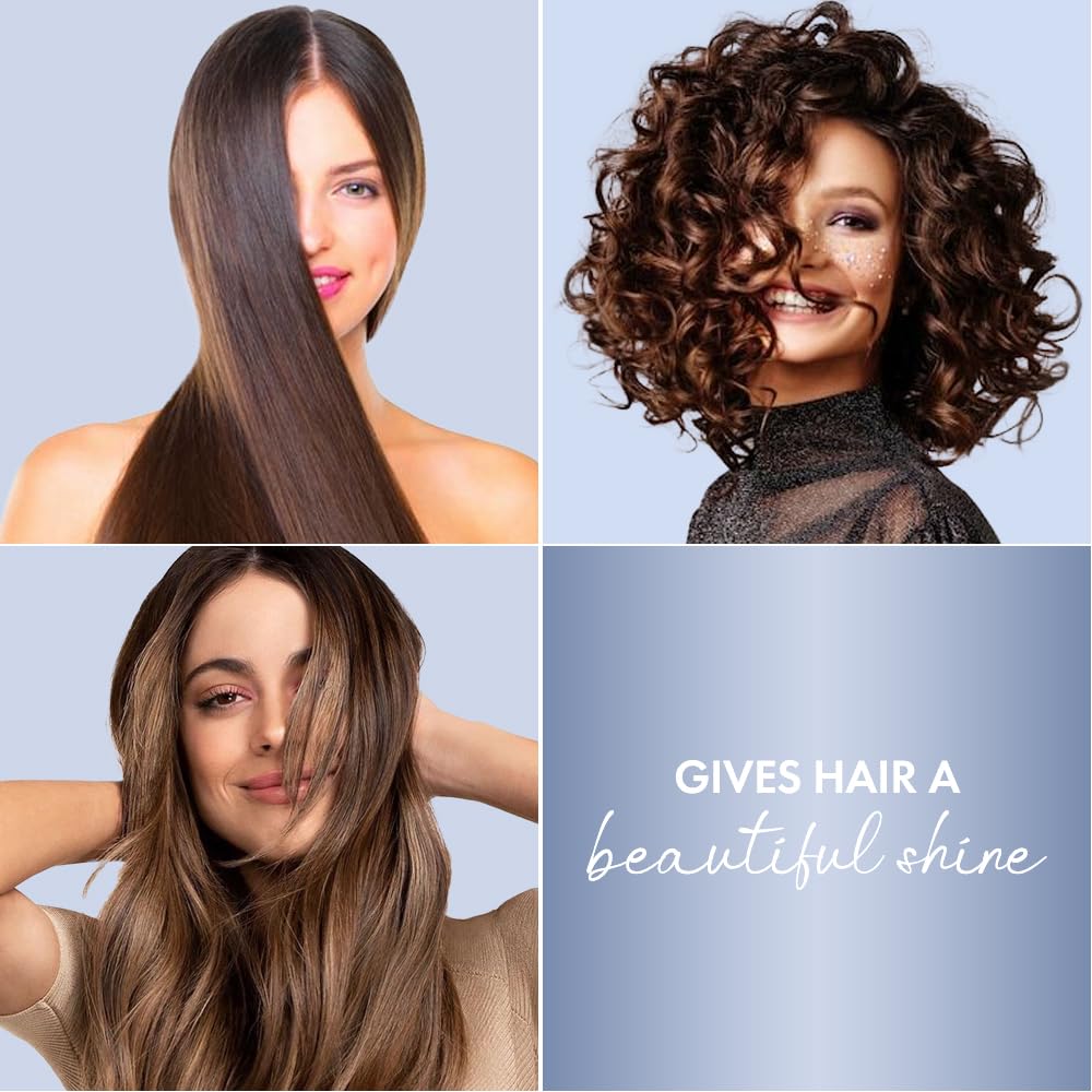 Four quadrants showing different hairstyles with a text 'Gives hair a beautiful shine' on a light blue background.