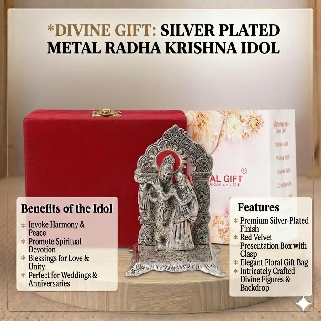 Silver Plated Radha Krishna Chowki God Idol for Home/Gift | Spiritual Significance | Symbol of Love and Devotion | Bringing Positive Energy | Ideal Gift Option