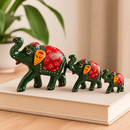 DreamKraft Paper Mache Elephant Showpiece, Standard, Green, 3 Piece, Home Decor, Cultural, Traditional, Festive