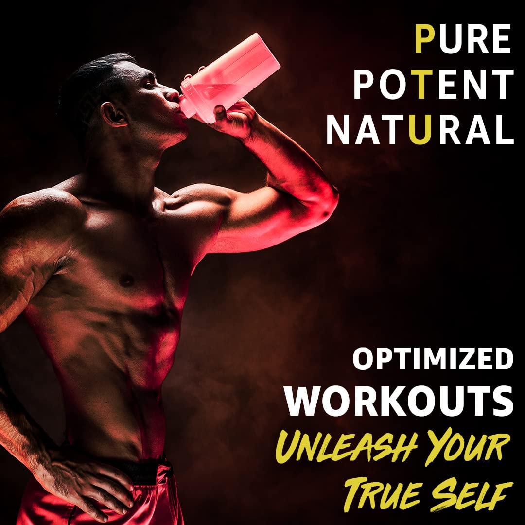 Muscular man drinking from a red supplement bottle with promotional text on a dark background