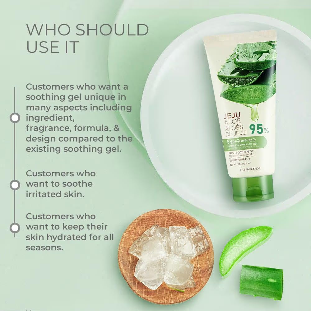 Aloe vera gel tube with aloe vera leaves and gel on a green background, featuring text about product use.