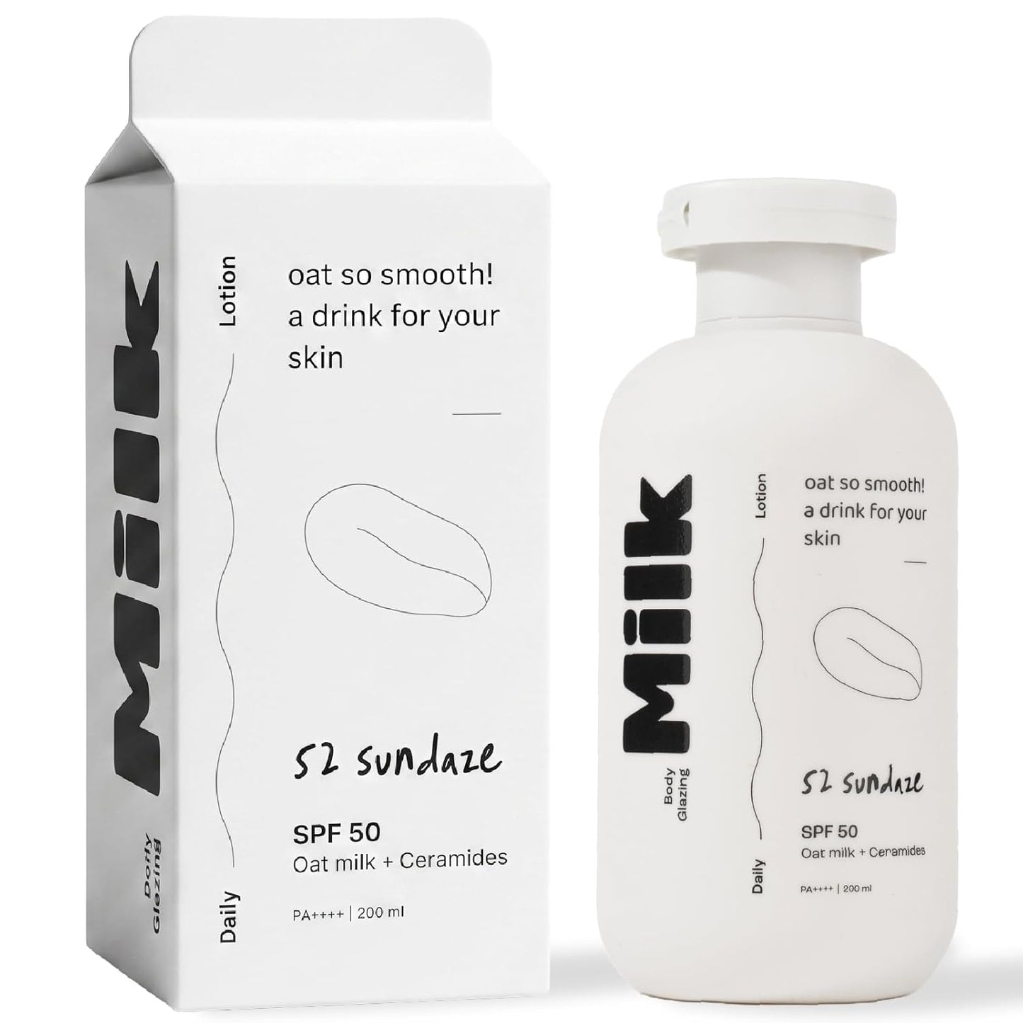 52 Sundaze Body Glazing Milk SPF 50 PA++++ | Hydrating Sunscreen Body Lotion with Oat Milk, Ceramides & Niacinamide | Lightweight Quick-Absorbing Formula | Non-Sticky, Non-Greasy Finish | Reduce Tan | No White Cast | All Skin Types | 200 ml