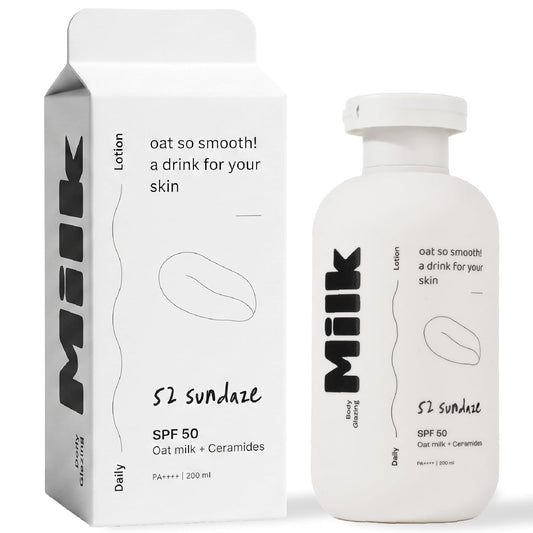 52 Sundaze Body Glazing Milk SPF 50 PA++++ | Hydrating Sunscreen Body Lotion with Oat Milk, Ceramides & Niacinamide | Lightweight Quick-Absorbing Formula | Non-Sticky, Non-Greasy Finish | Reduce Tan | No White Cast | All Skin Types | 200 ml