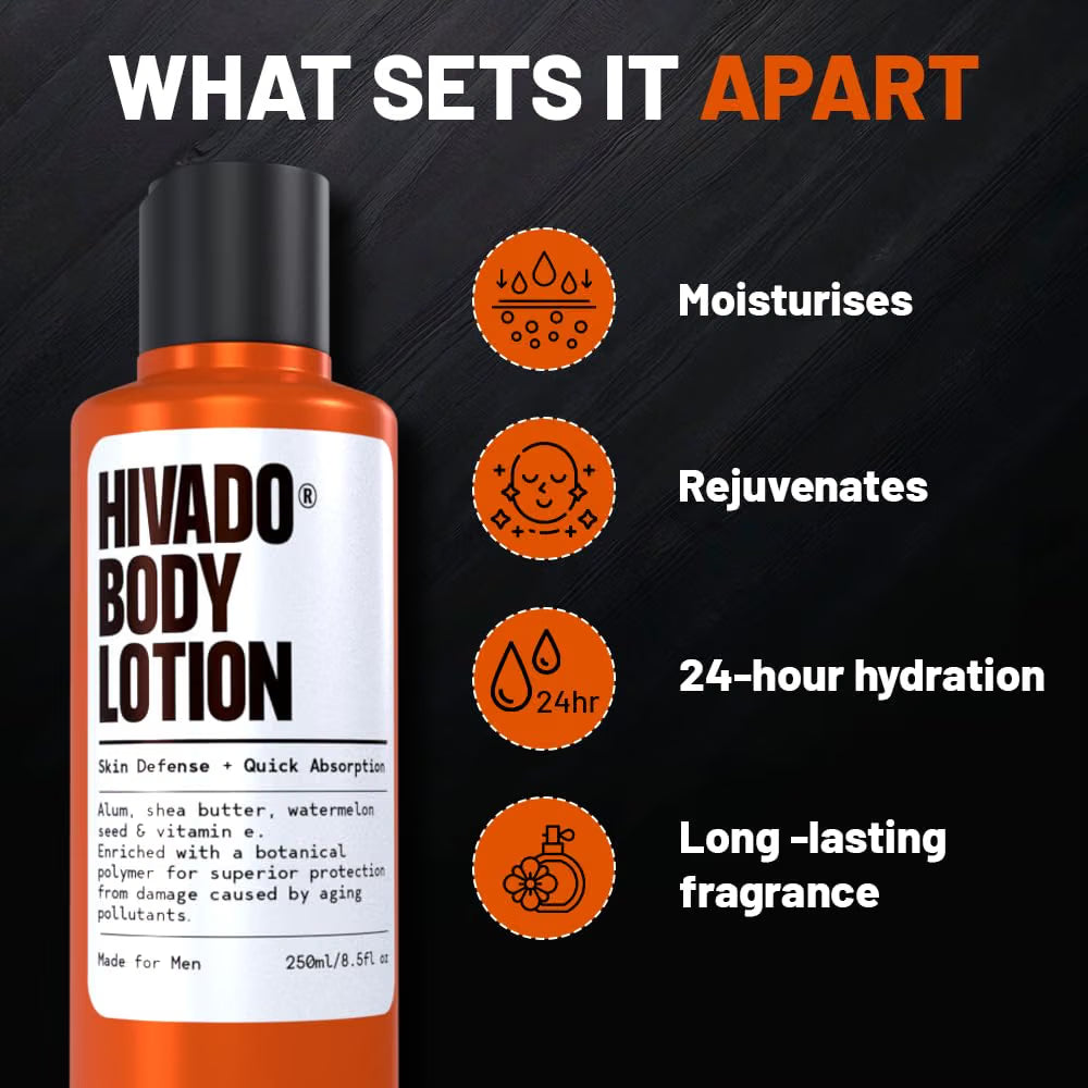 Hivado Men’s Body Lotion 250ml | Deep Hydration Body Moisturizer for Dry & Rough Skin | Watermelon Seed Oil & Shea Butter | 24-Hour Moisture Lock | Lightweight, Non-Greasy & Fast Absorbing | Sulphate & Paraben Free
